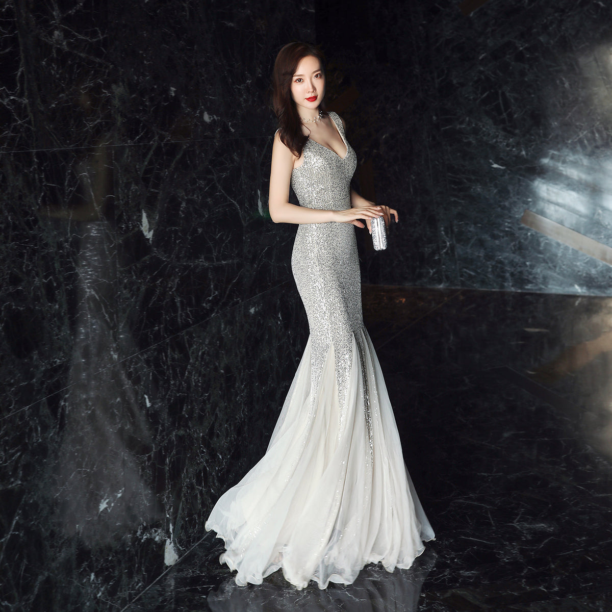 Sequin V-Neck Sleeveless Tulle Godet Mermaid Evening Gown 6