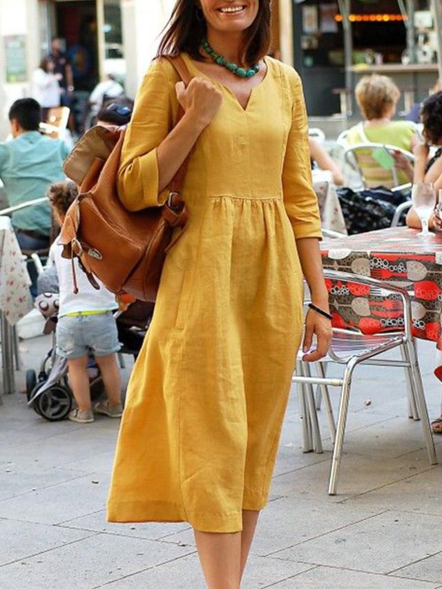 Linen-Look V-Neck Three Quarter Sleeve Gathered Waist Midi Dress
