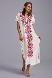 Embroidered V-Neck Short Sleeve Kaftan Maxi Dress 23