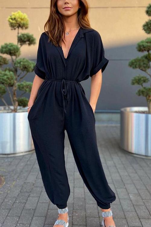 Button Pockets Drawsting Jumpsuit