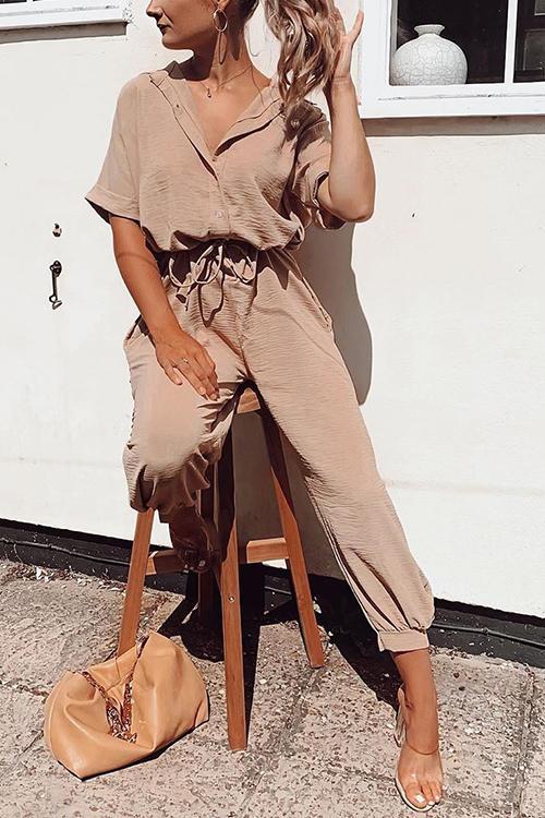 Button Pockets Drawsting Jumpsuit