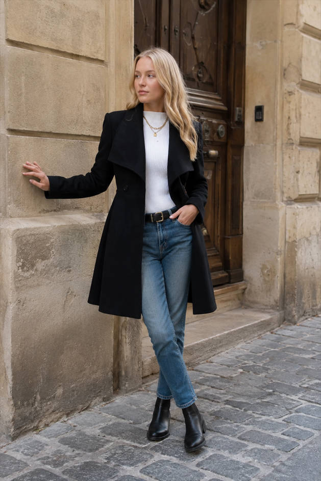 Wide Lapel Collar Fit and Flare Wool-Look Longline Coat