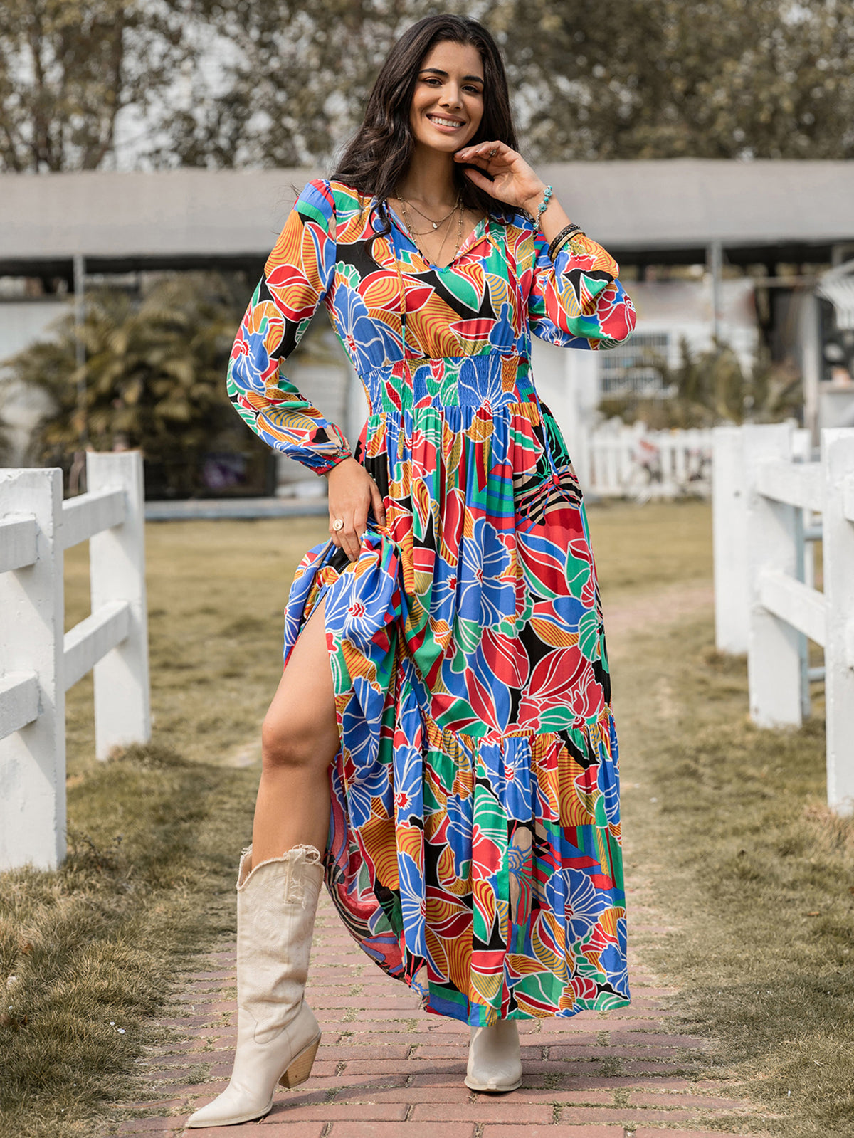 Floral Print V-Neck Long Sleeve Smocked Waist Tiered High Split Maxi Dress 7