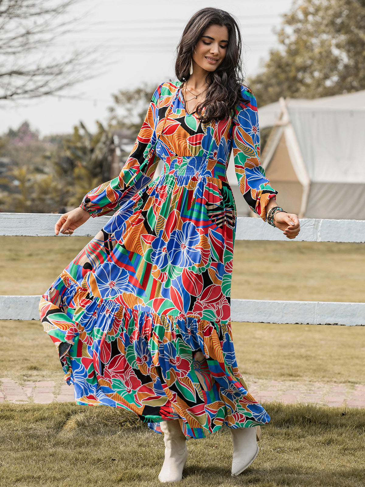 Floral Print V-Neck Long Sleeve Smocked Waist Tiered High Split Maxi Dress 3