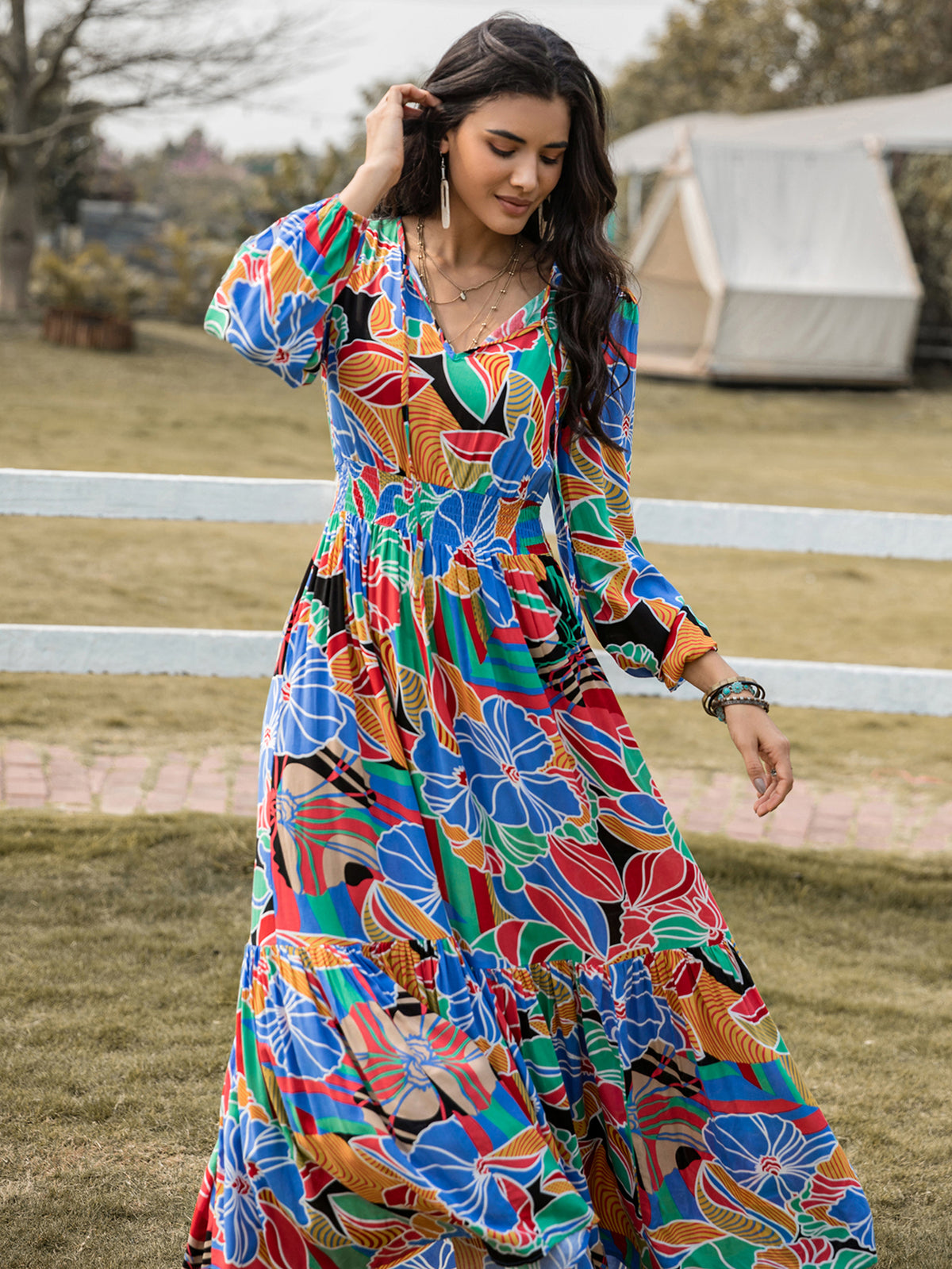Floral Print V-Neck Long Sleeve Smocked Waist Tiered High Split Maxi Dress 4