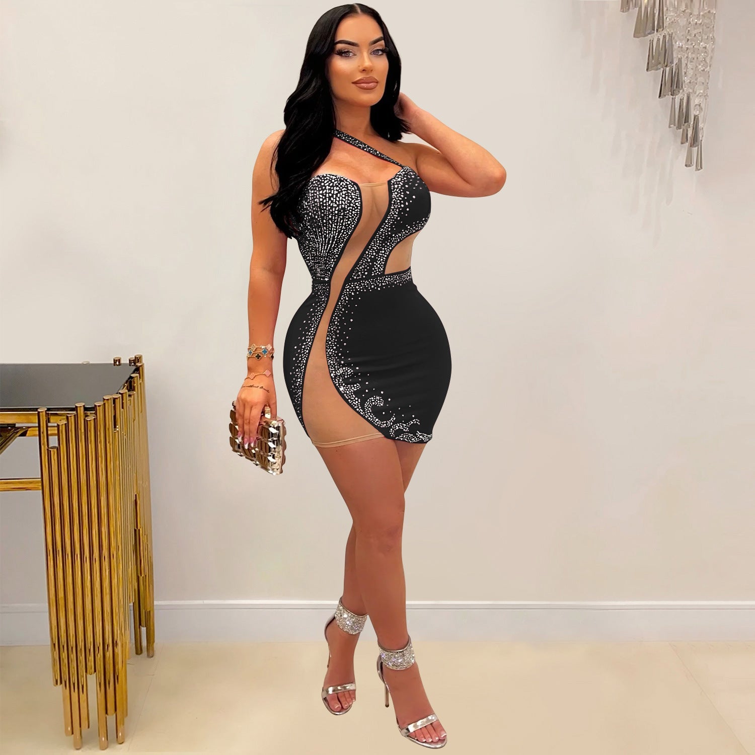 Women Wear Solid Color Mesh Rhinestone Sleeveless Dress