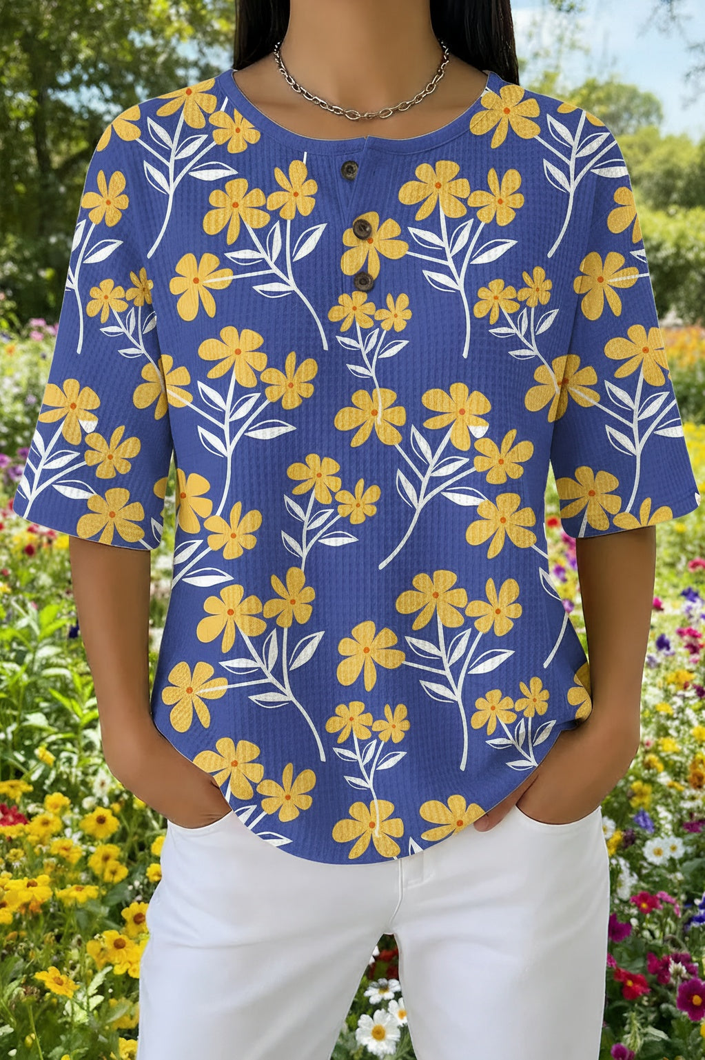 Womens Blue Yellow Floral Print Casual Shirt