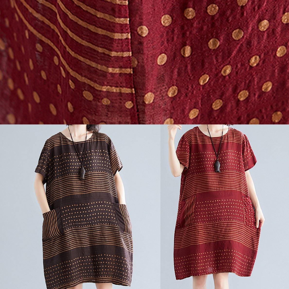 Polka Dot Stripe Round Neck Pocket Short Sleeve Shift Dress