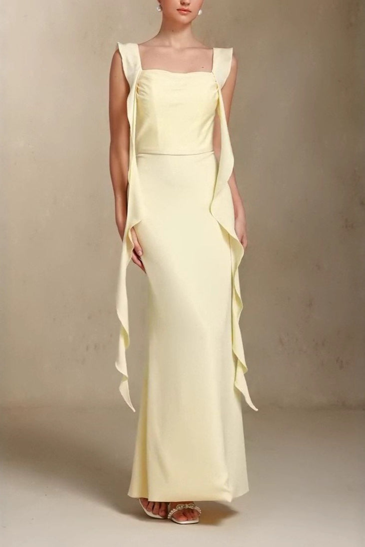 Square Neck Ruffle Trim Mermaid Gown