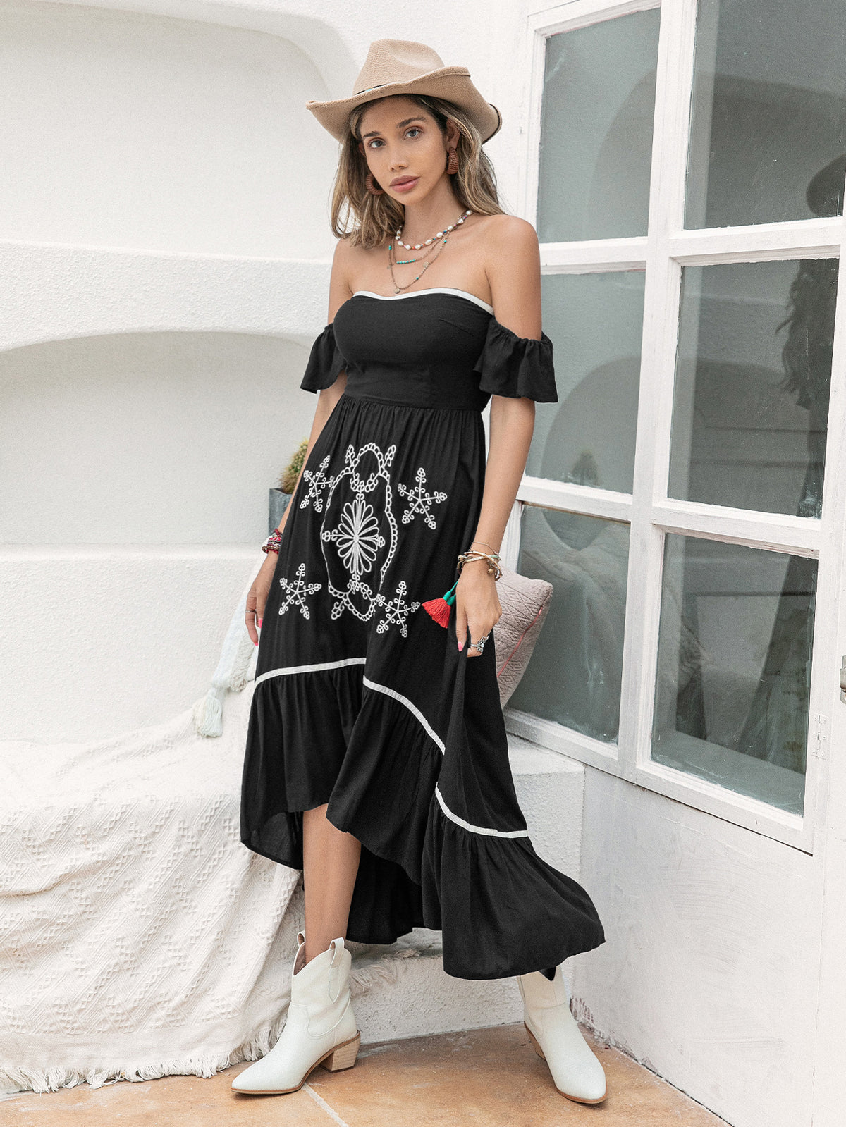Embroidered Off Shoulder Ruffle Sleeve High Low Tiered Maxi Dress 2