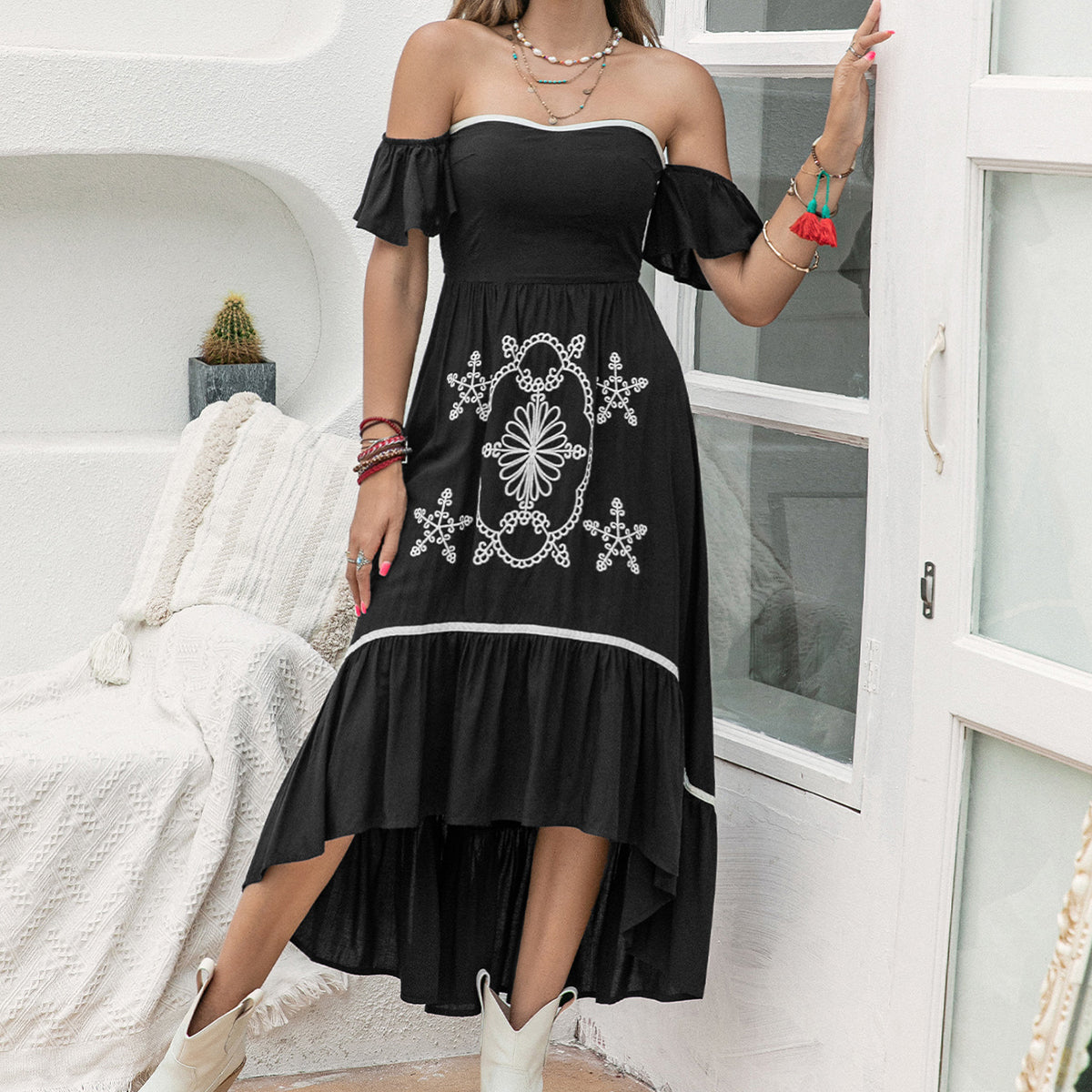 Embroidered Off Shoulder Ruffle Sleeve High Low Tiered Maxi Dress 6