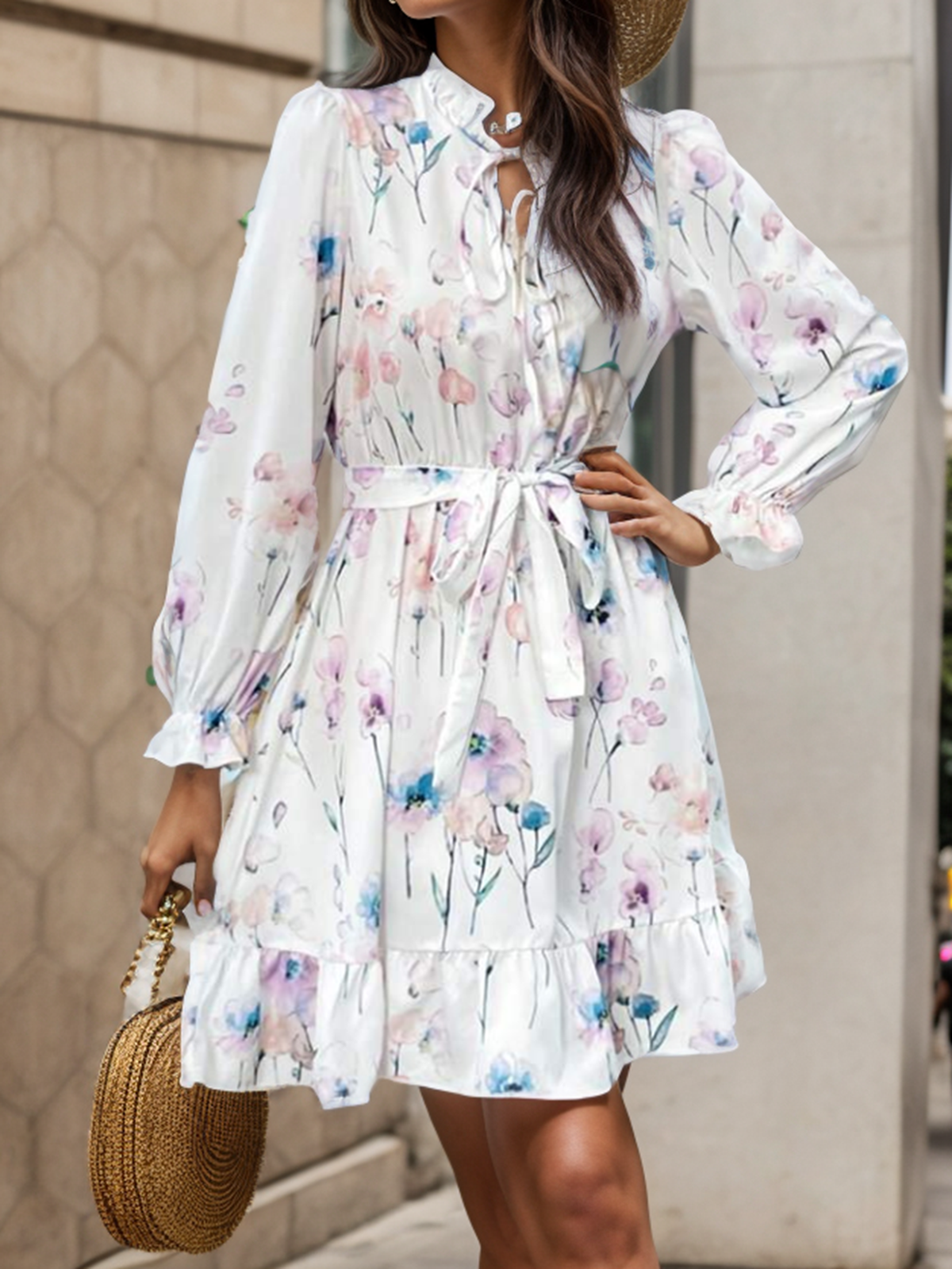 Floral Print Tie Neck Long Sleeve Belted Ruffle Hem Mini Dress 2