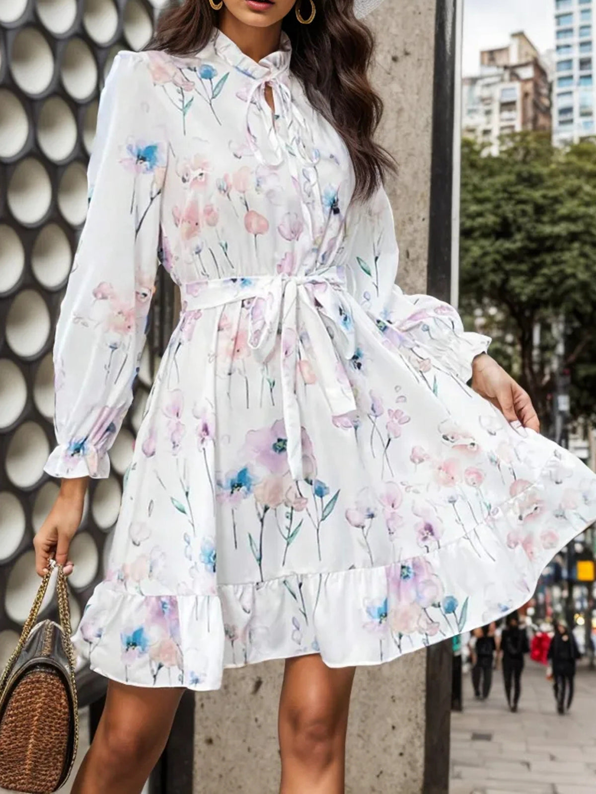 Floral Print Tie Neck Long Sleeve Belted Ruffle Hem Mini Dress 4