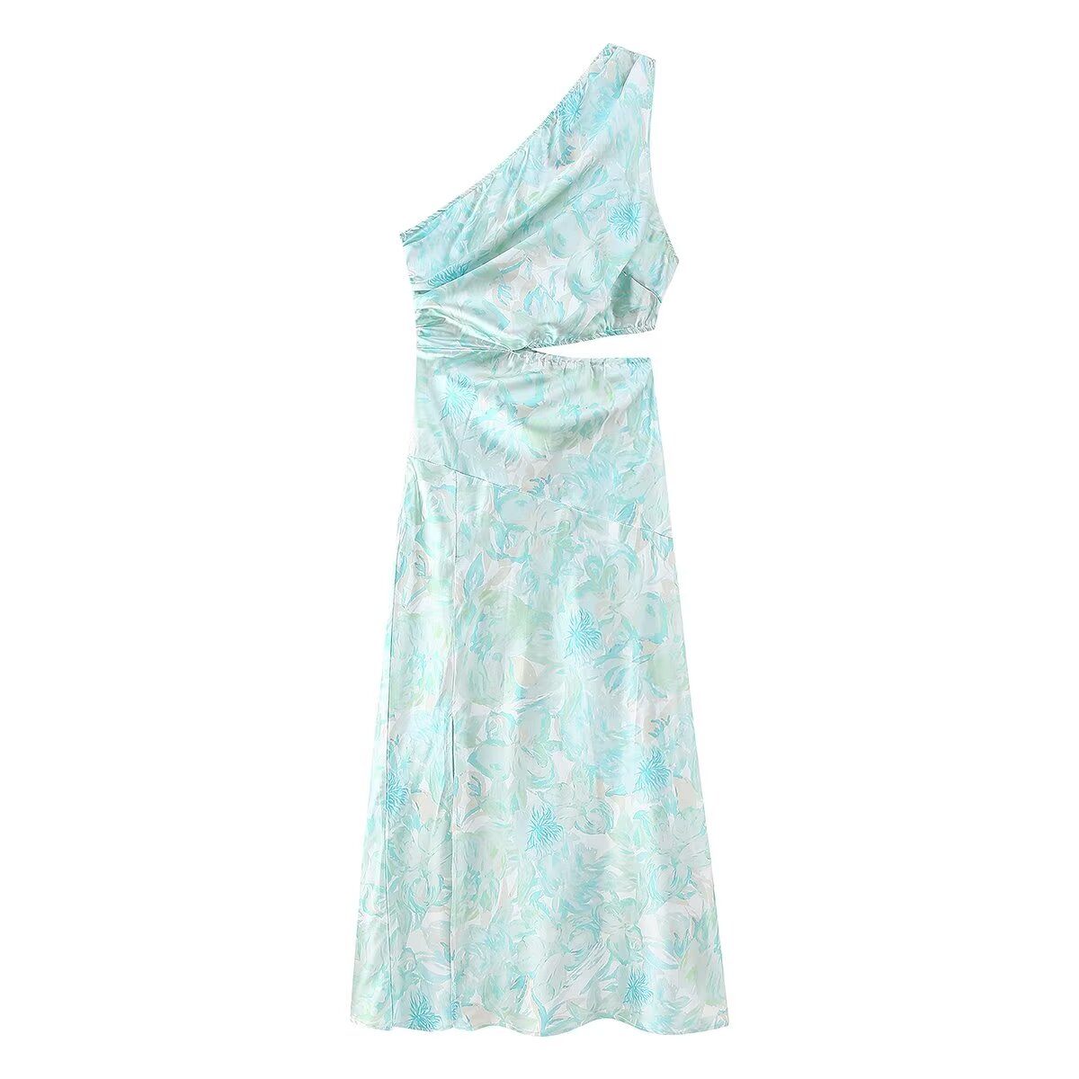Printed Satin One Shoulder Cut Out High Split Maxi Dress 3