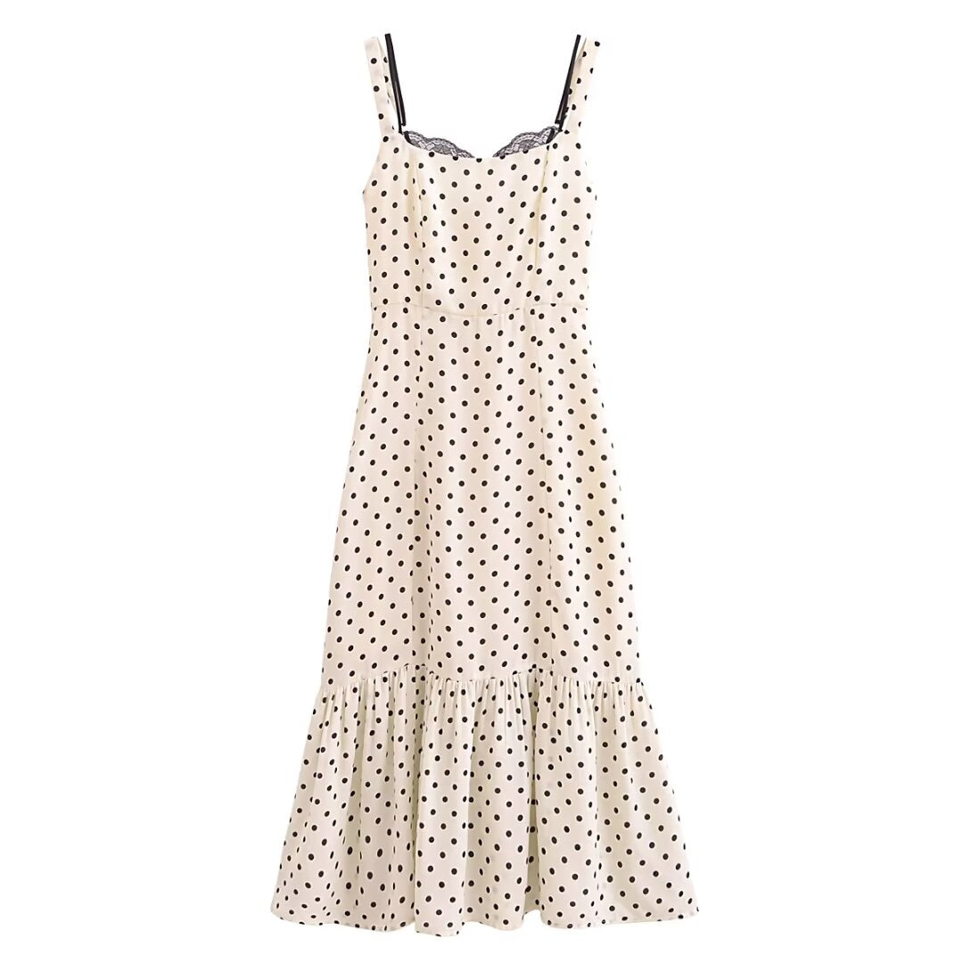 Polka Dot Lace Trim Square Neck Sleeveless Mermaid Midi Dress 13