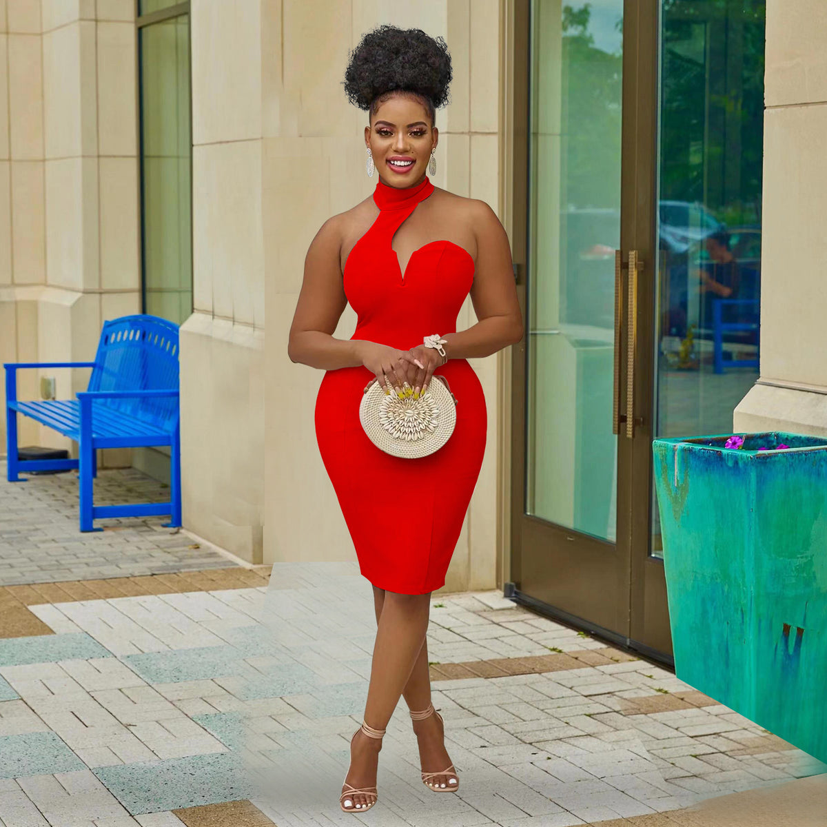 Asymmetric Halter Neck Sweetheart Cut Out Sleeveless Bodycon Midi Dress