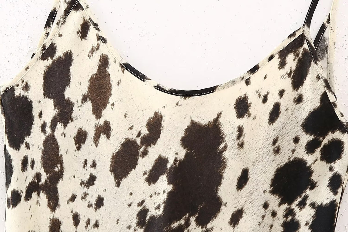 Cow Print Satin Scoop Neck Spaghetti Strap Midi Slip Dress 5