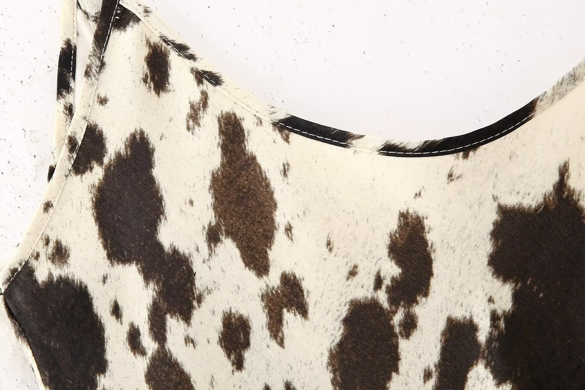 Cow Print Satin Scoop Neck Spaghetti Strap Midi Slip Dress 7