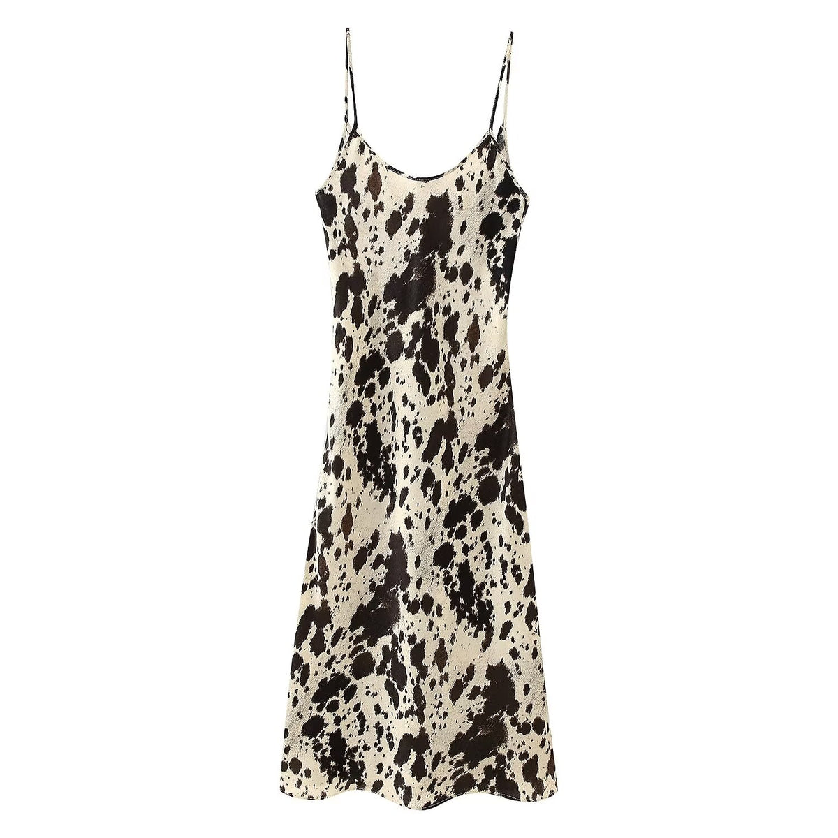 Cow Print Satin Scoop Neck Spaghetti Strap Midi Slip Dress 11