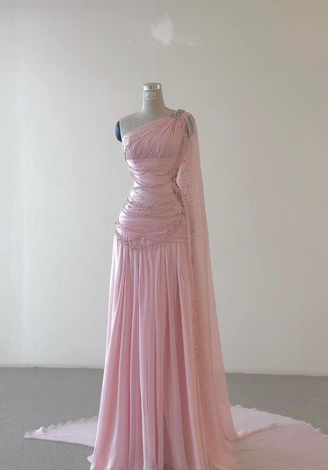 Vintage One Shoulder Pink Beaded  A Line Chiffon Evening Dress Elegant Prom Dress cc1659