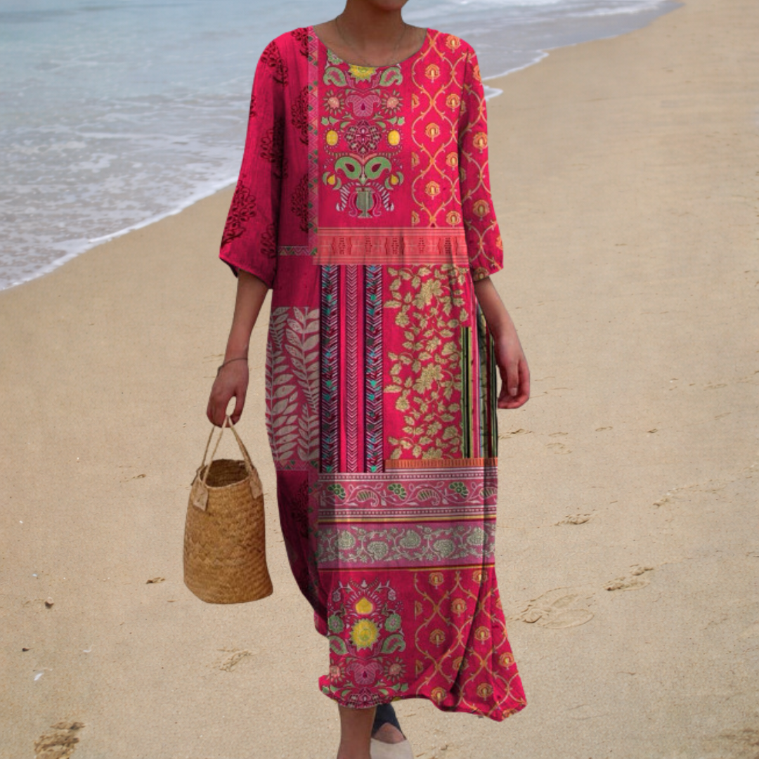 Bohemian Print Round Neck Half Sleeve Kaftan Maxi Dress