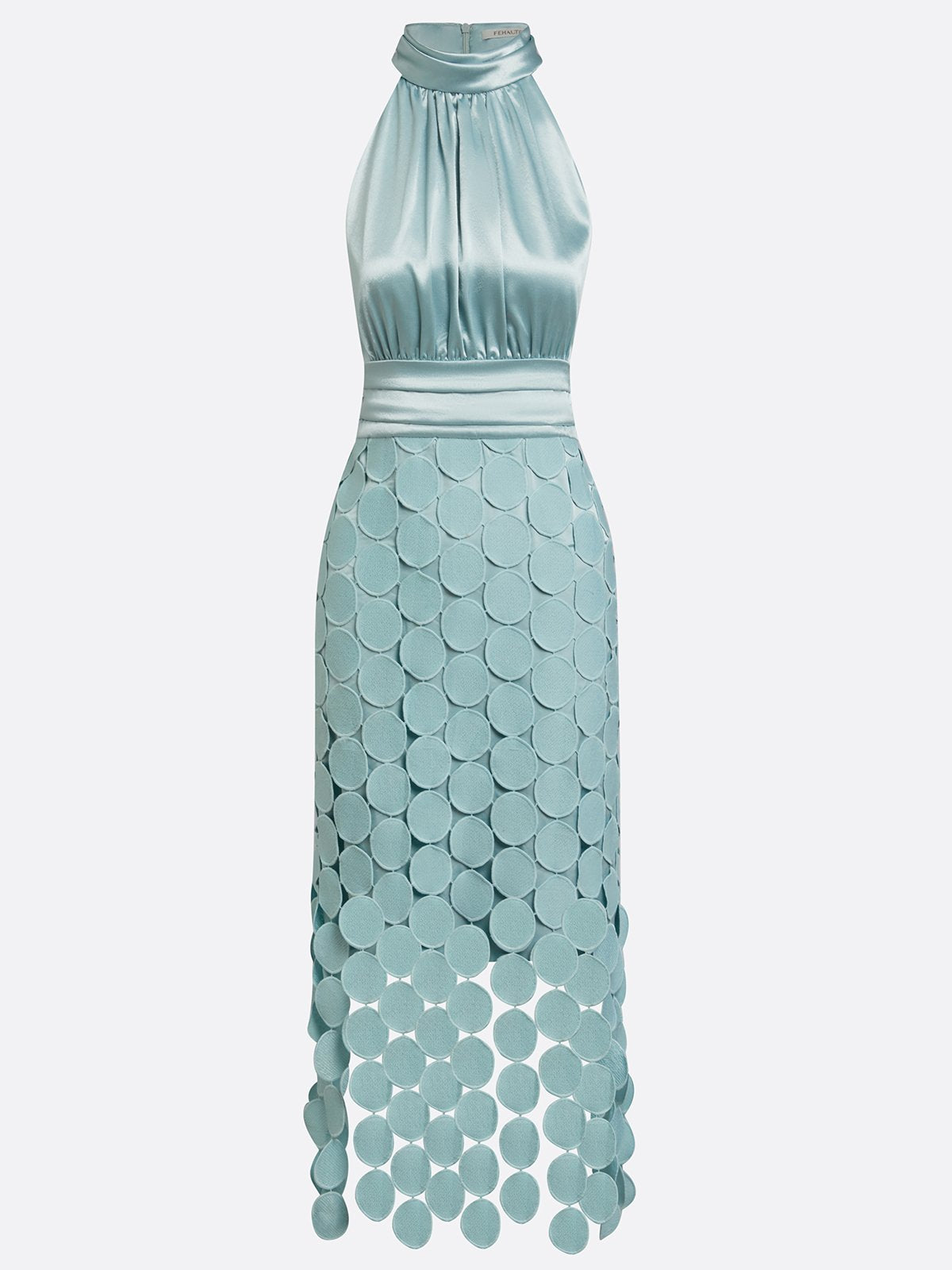 Halter Neck Ruched Laser Cut Disc Satin Midi Dress
