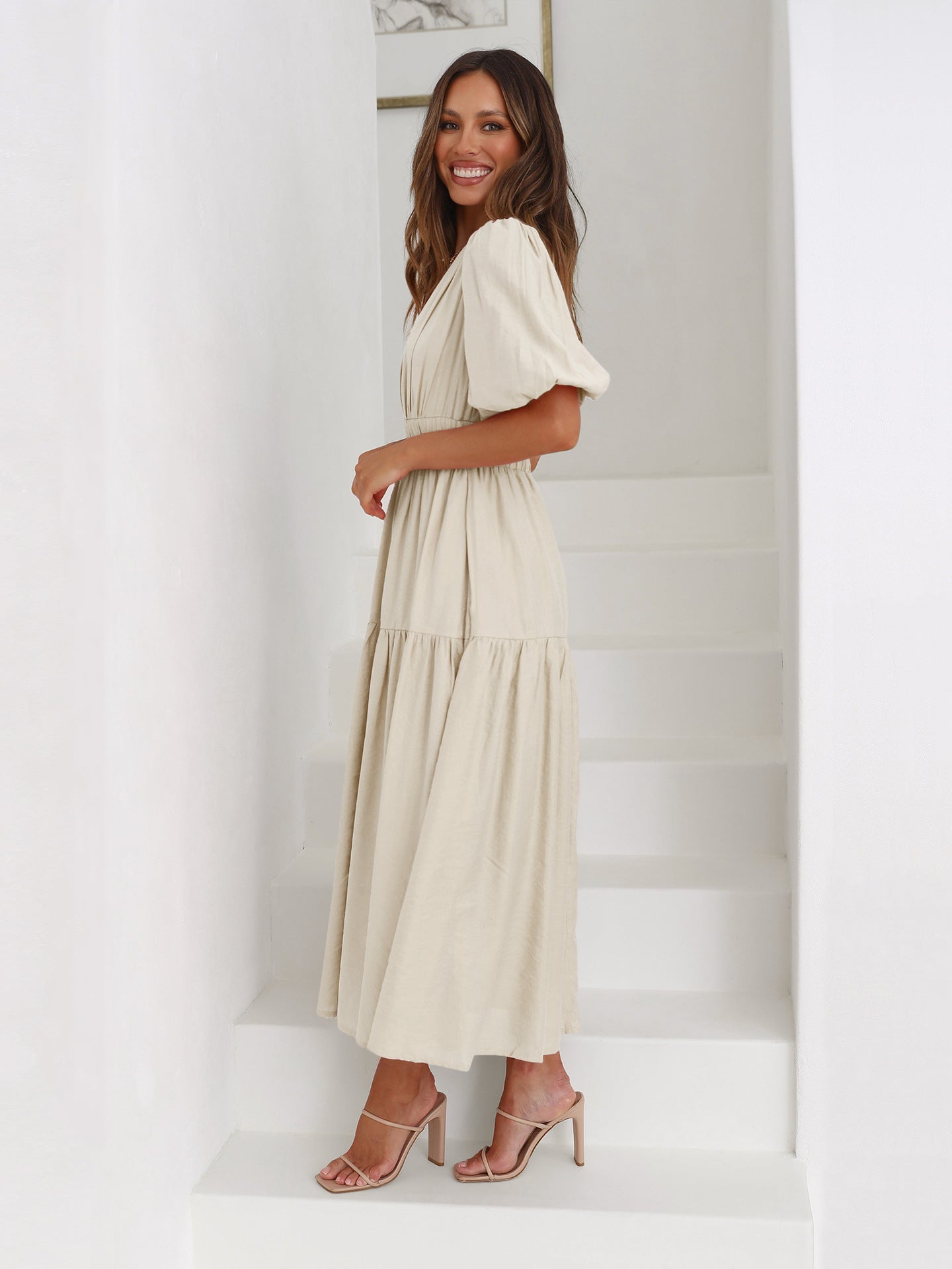 Exclusive Claudia Ruffle Midi Dress with V Neck and Puff Sleeves Premium Wardrobe Essential