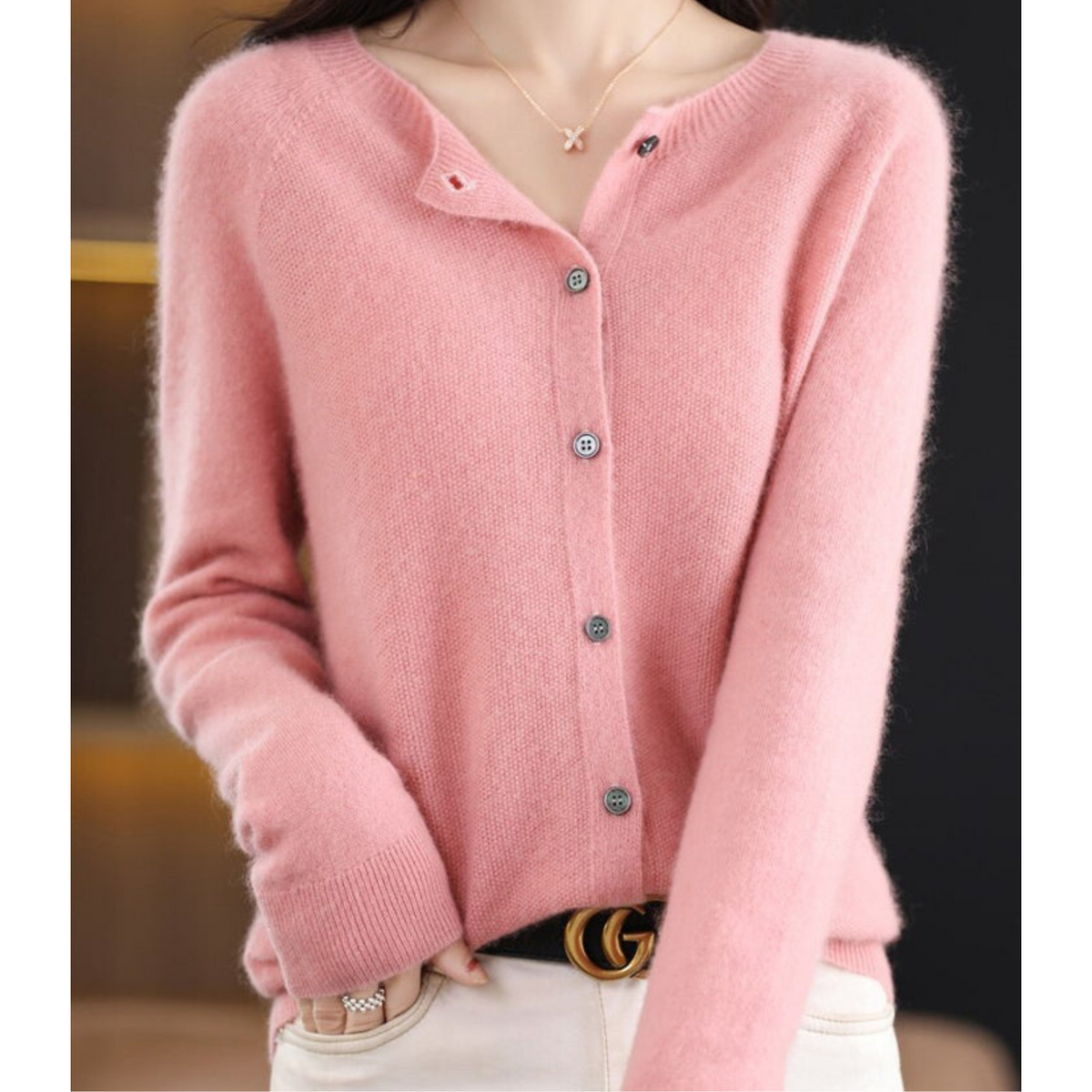 Round Neck Button Front Long Sleeve Knit Cardigan