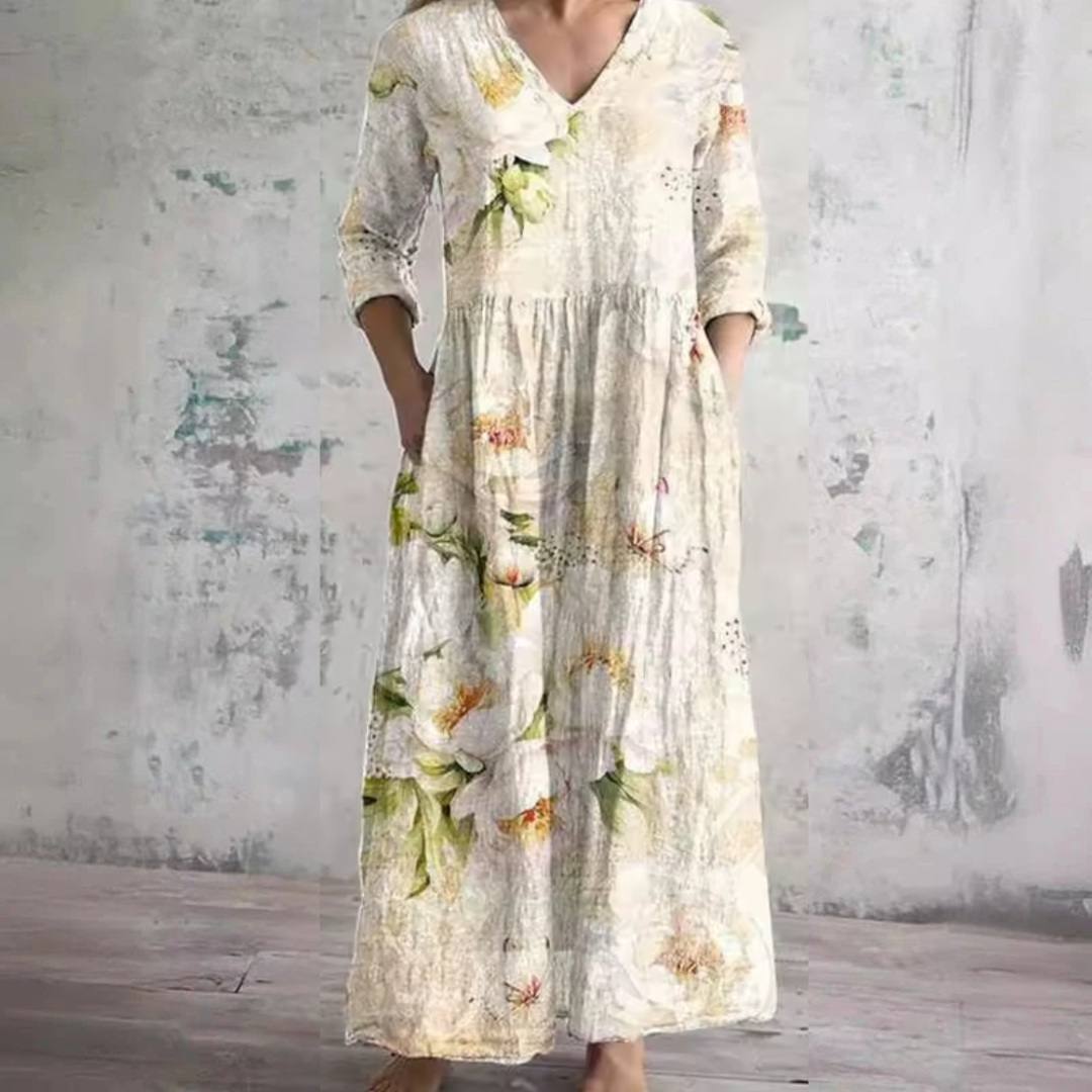 Floral Print V-Neck Long Sleeve Tiered Maxi Dress
