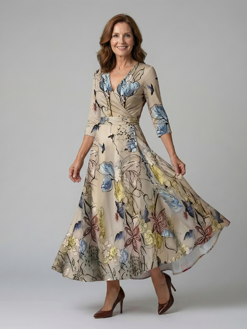 Floral V-Neck Wrap Three Quarter Sleeve Satin Maxi Dress