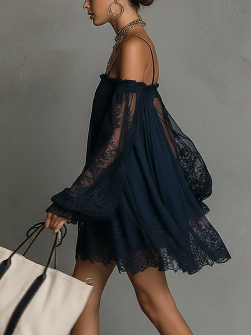 Off Shoulder Lace Bell Sleeve Smocked Mini Dress