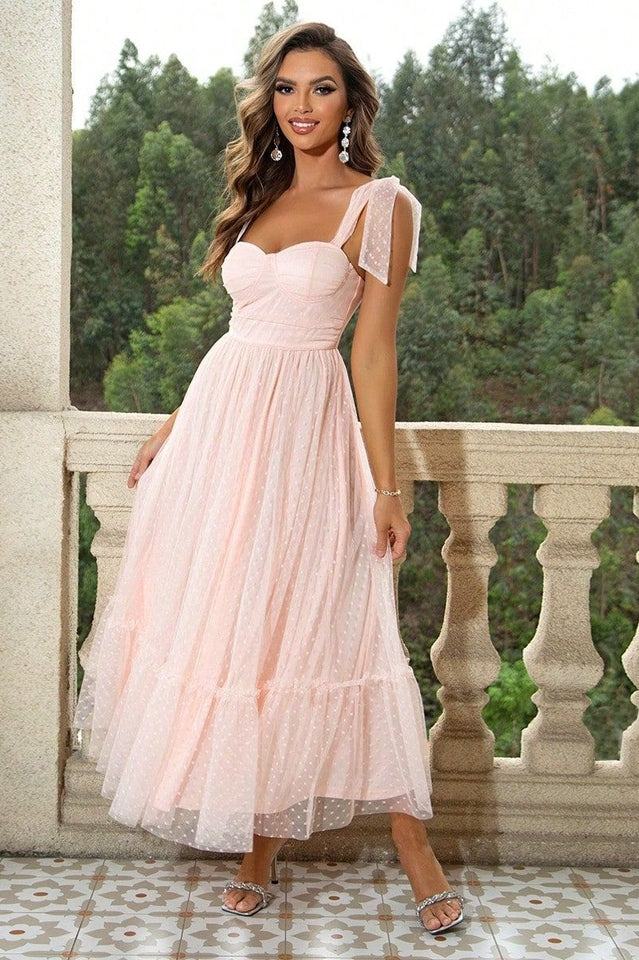 Tulle Swiss Dot Bustier Sweetheart Tie Shoulder Tiered Ruffle Maxi Dress