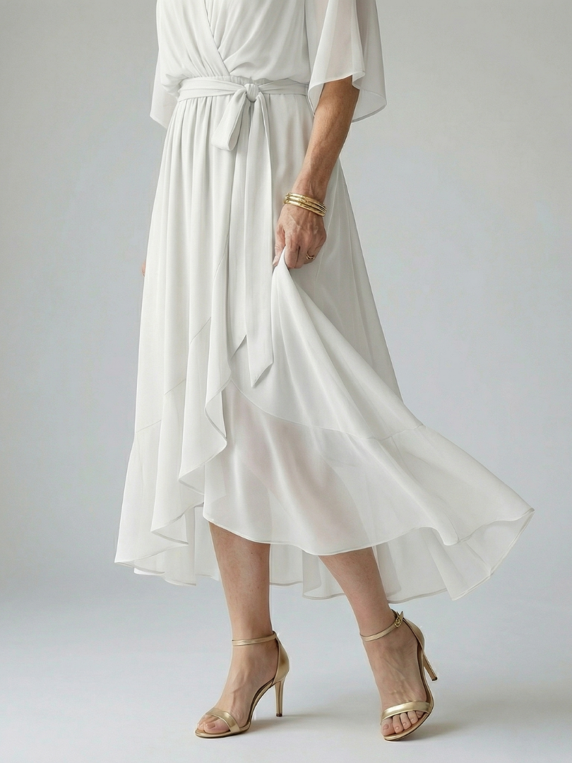 Chiffon V-Neck Kimono Sleeve Belted Ruffle Midi Dress