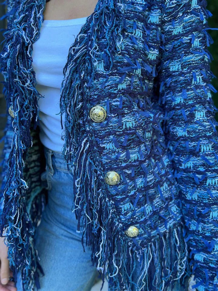 Fringe Trim Gold Button Tweed Jacket