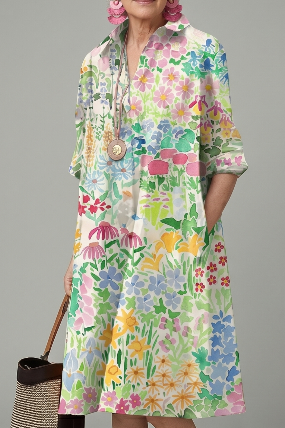 Floral Print Collared Half Sleeve Loose Midi Shirt Dress