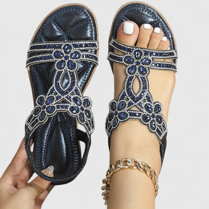 Open Toe Rhinestone Elastic Ankle Flat Sandals 6