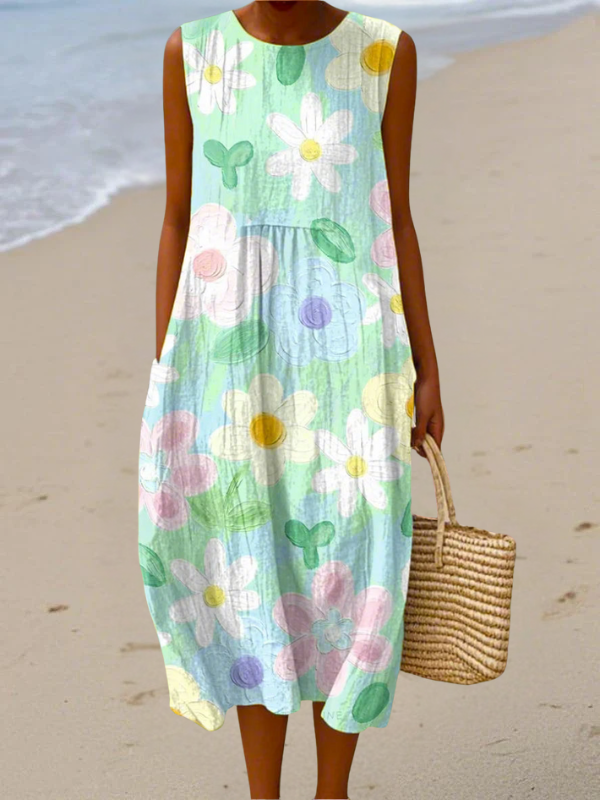 Floral Print Sleeveless Pocket Midi Dress
