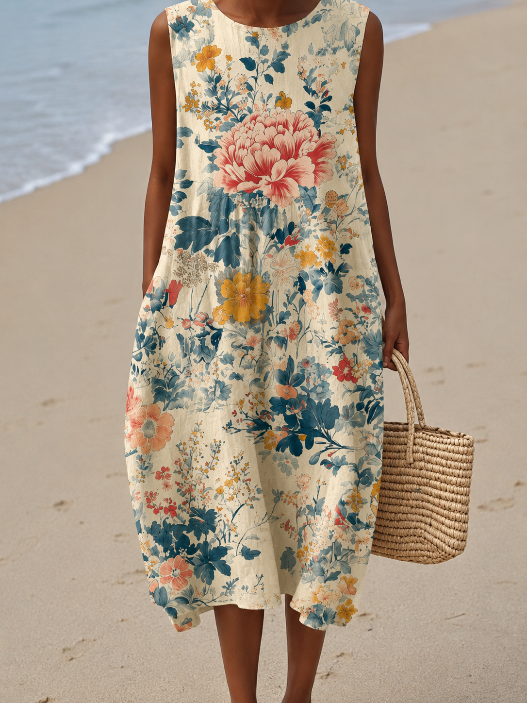 Floral Print Sleeveless Round Neck Cocoon Midi Dress