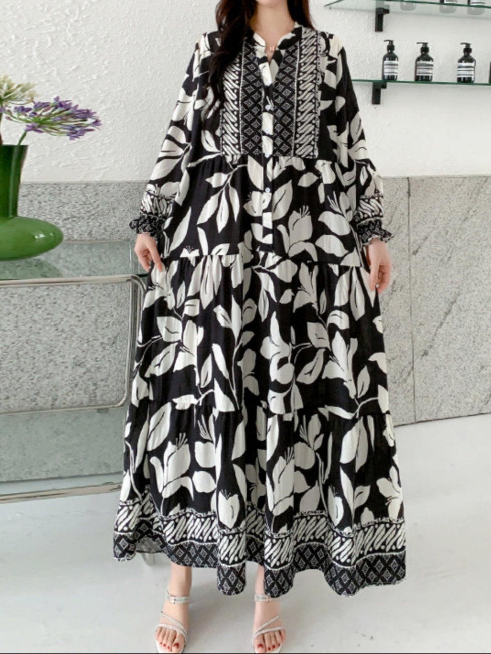 Printed lantern sleeves loose dress Black
