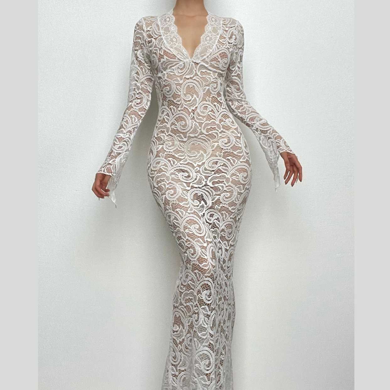 Lace see through long sleeve v neck solid maxi dress 3
