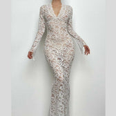 Lace see through long sleeve v neck solid maxi dress 3