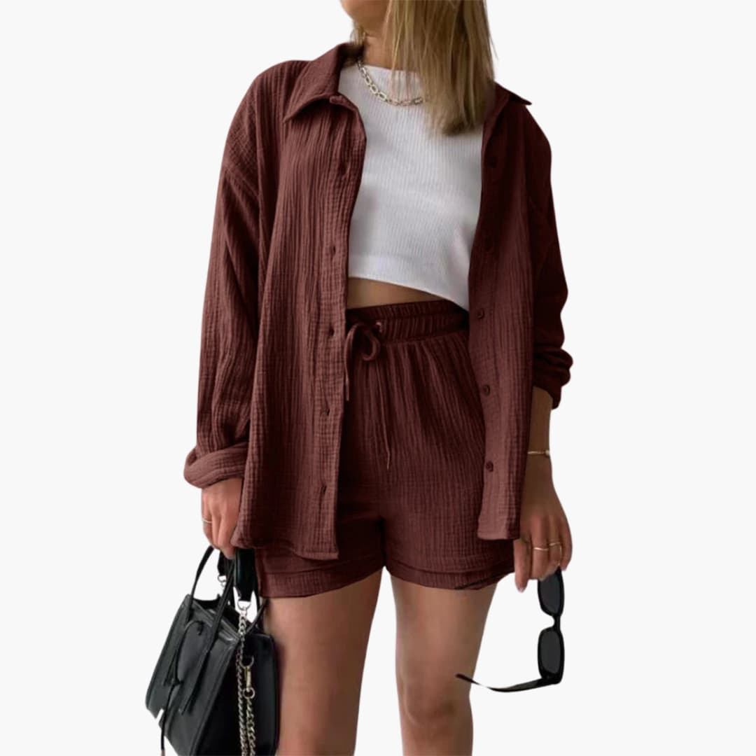 Button Front Shirt and Drawstring Shorts Two Piece Set