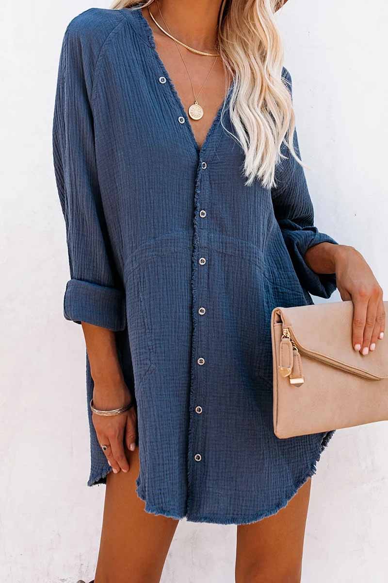 Seersucker Fringed Long Sleeves Mini Dresses