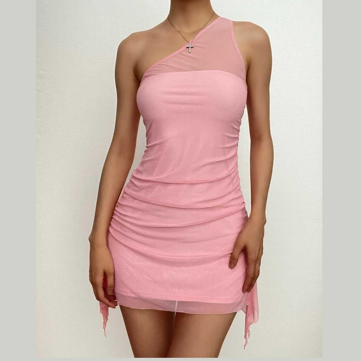 Solid one shoulder mesh patchwork ruffle ruched zip-up mini dress 8