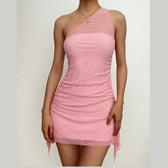 Solid one shoulder mesh patchwork ruffle ruched zip-up mini dress 8