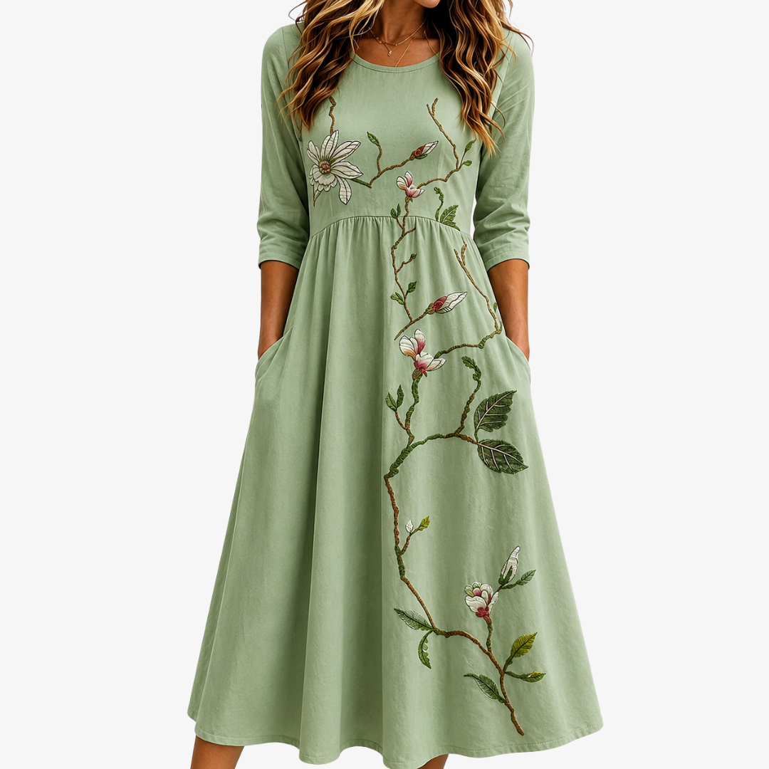 Embroidered Floral Round Neck Pocket A-Line Midi Dress