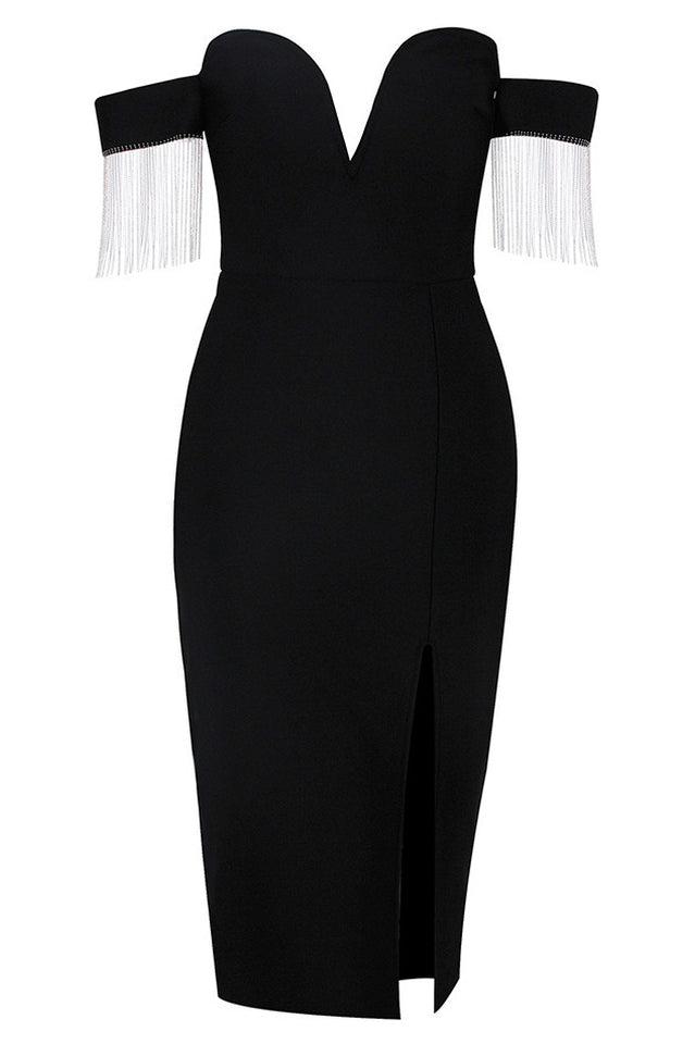 Velvet Off Shoulder Sweetheart Rhinestone Fringe High Split Midi Dress