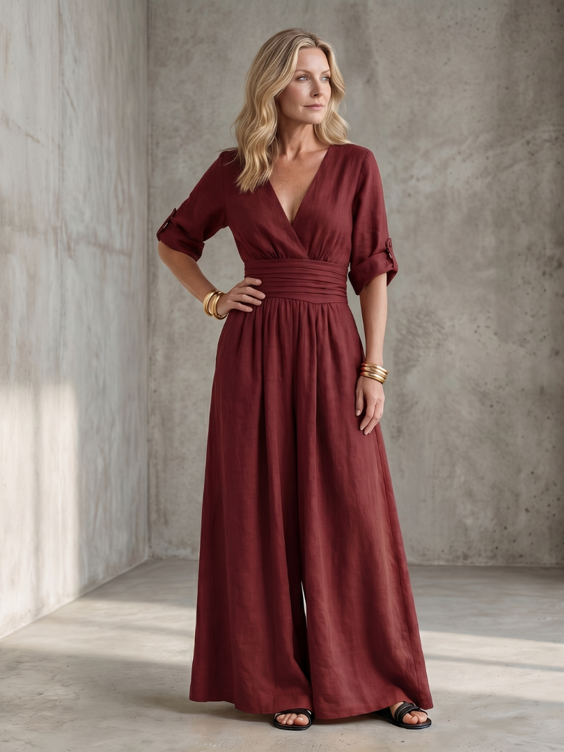 V-Neck Wrap Front Half Sleeve Wide Leg Jumpsuit