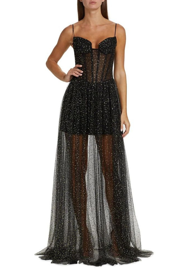 Glitter Tulle Sheer Corset Bodice Spaghetti Strap Maxi Gown 5