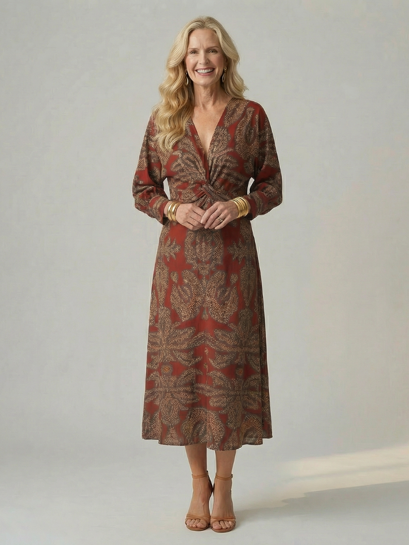 Paisley Print V-Neck Twist Front Long Sleeve Midi Dress